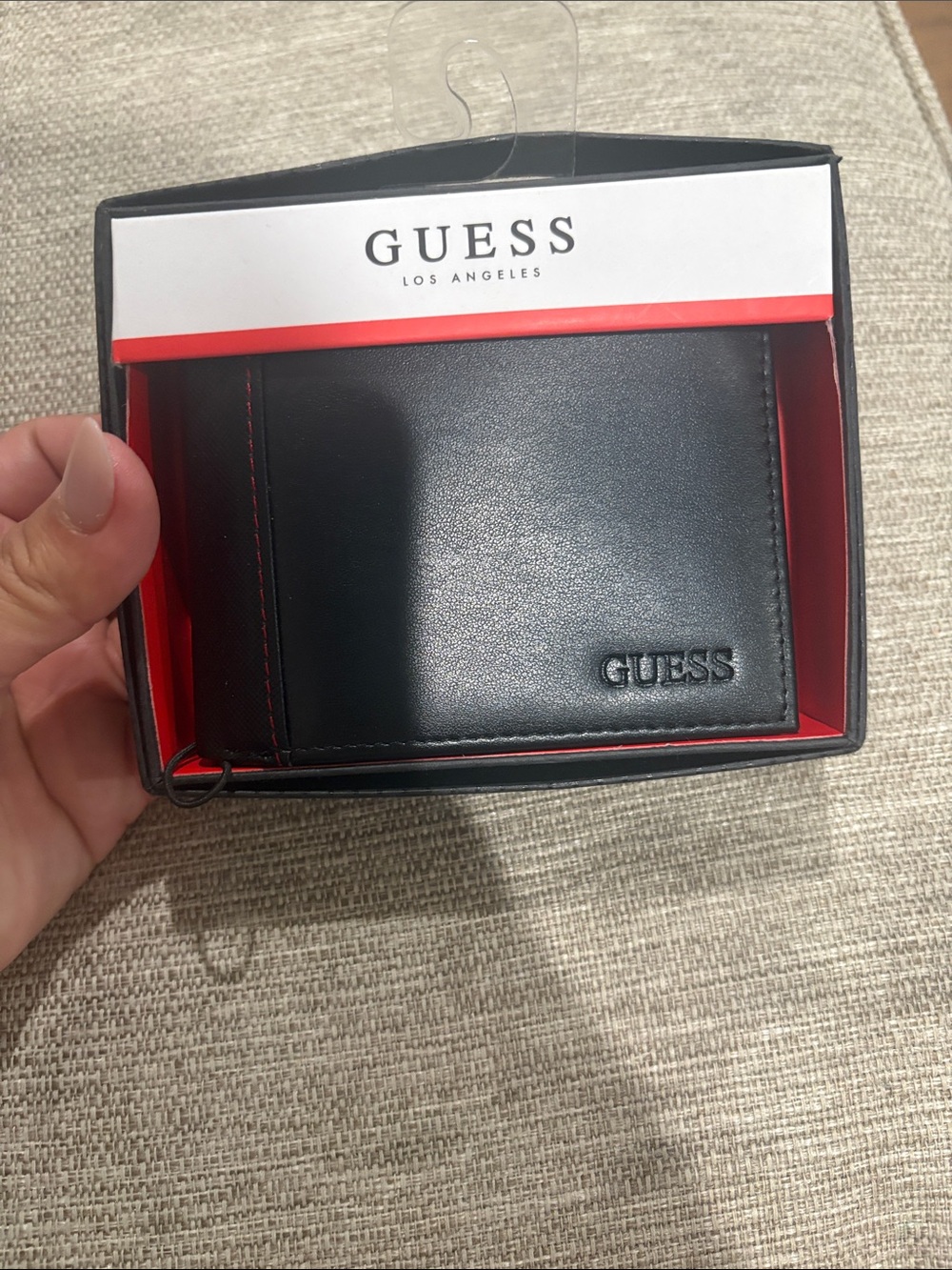 GUESS Black Leather Money Clip Wallet with Red Accents